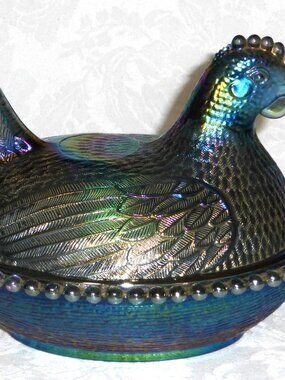 Vintage Indiana Glass Hen on Nest Bicentennial Blue Covered Dish Carnival Glass
